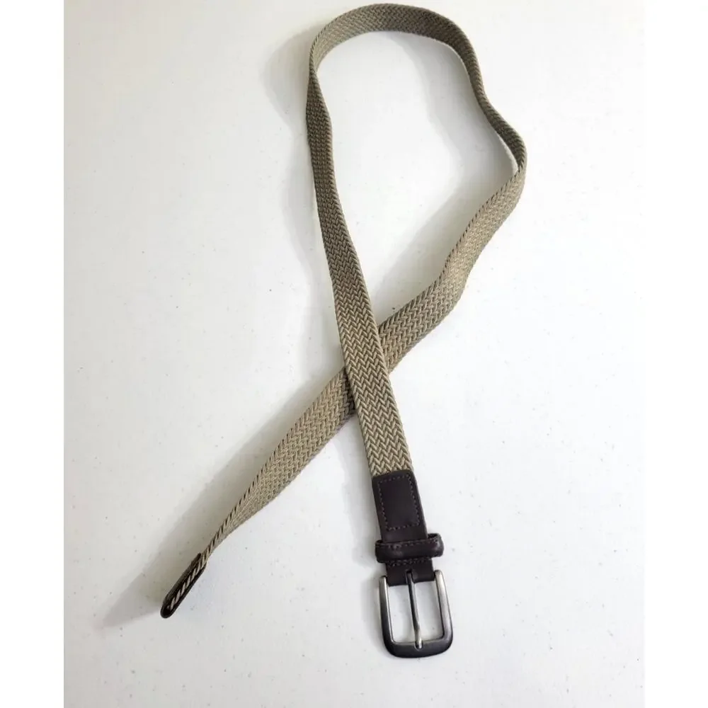 Braided Woven Belt Tan‎ Canvas Leather Tipped End Elastic Men's Size XL